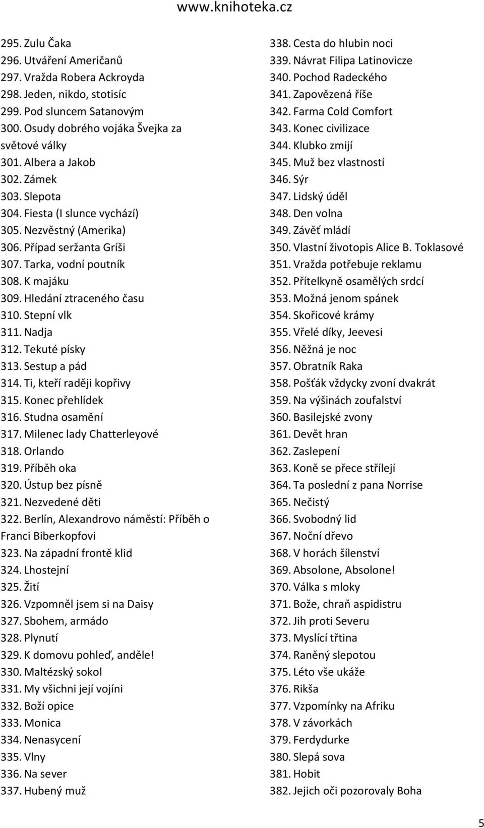 Nadja 312. Tekuté písky 313. Sestup a pád 314. Ti, kteří raději kopřivy 315. Konec přehlídek 316. Studna osamění 317. Milenec lady Chatterleyové 318. Orlando 319. Příběh oka 320. Ústup bez písně 321.