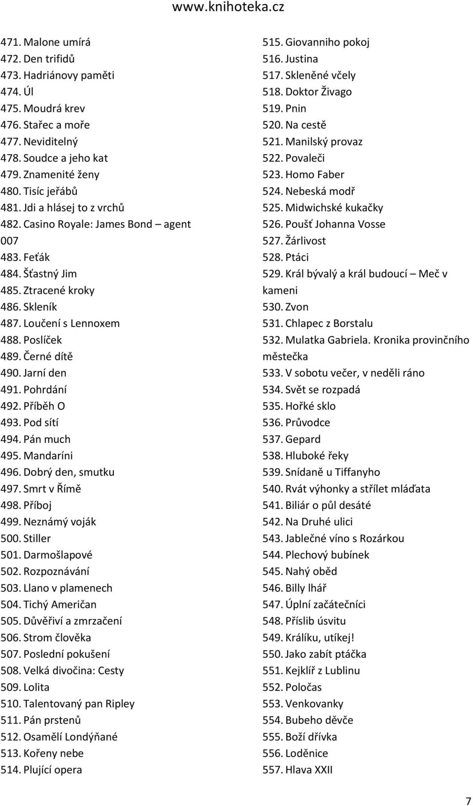 Pohrdání 492. Příběh O 493. Pod sítí 494. Pán much 495. Mandaríni 496. Dobrý den, smutku 497. Smrt v Římě 498. Příboj 499. Neznámý voják 500. Stiller 501. Darmošlapové 502. Rozpoznávání 503.