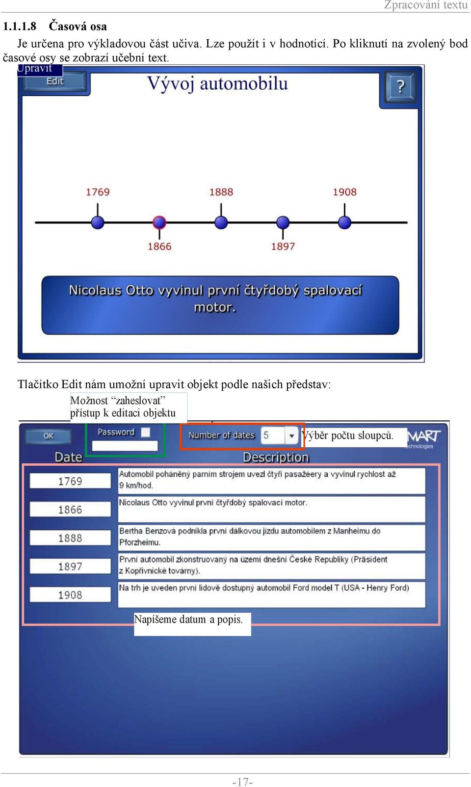 Po kliknutí na zvolený bod časové osy se zobrazí učební text.