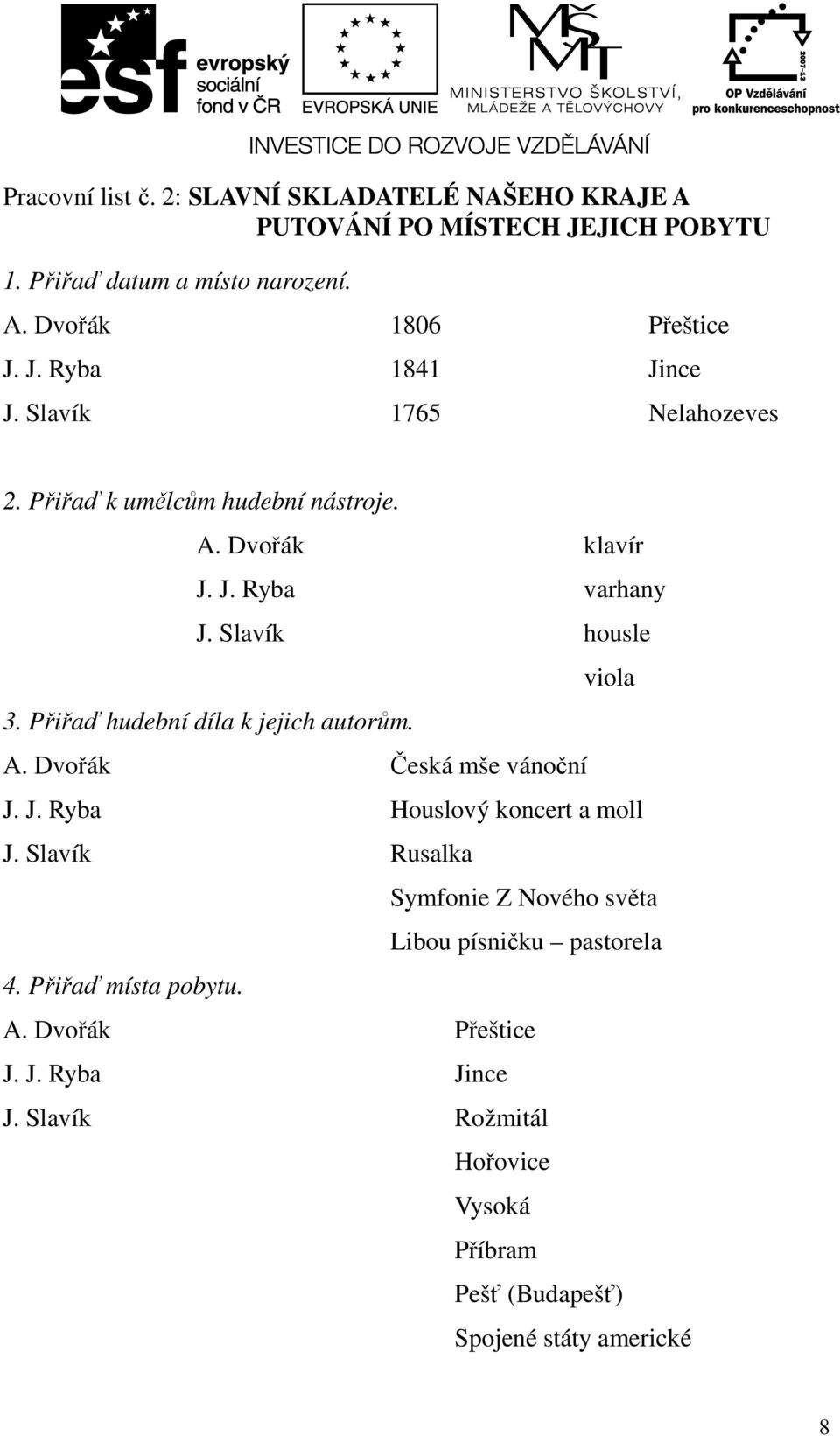 Přiřaď hudební díla k jejich autorům. A. Dvořák Česká mše vánoční J. J. Ryba Houslový koncert a moll J.