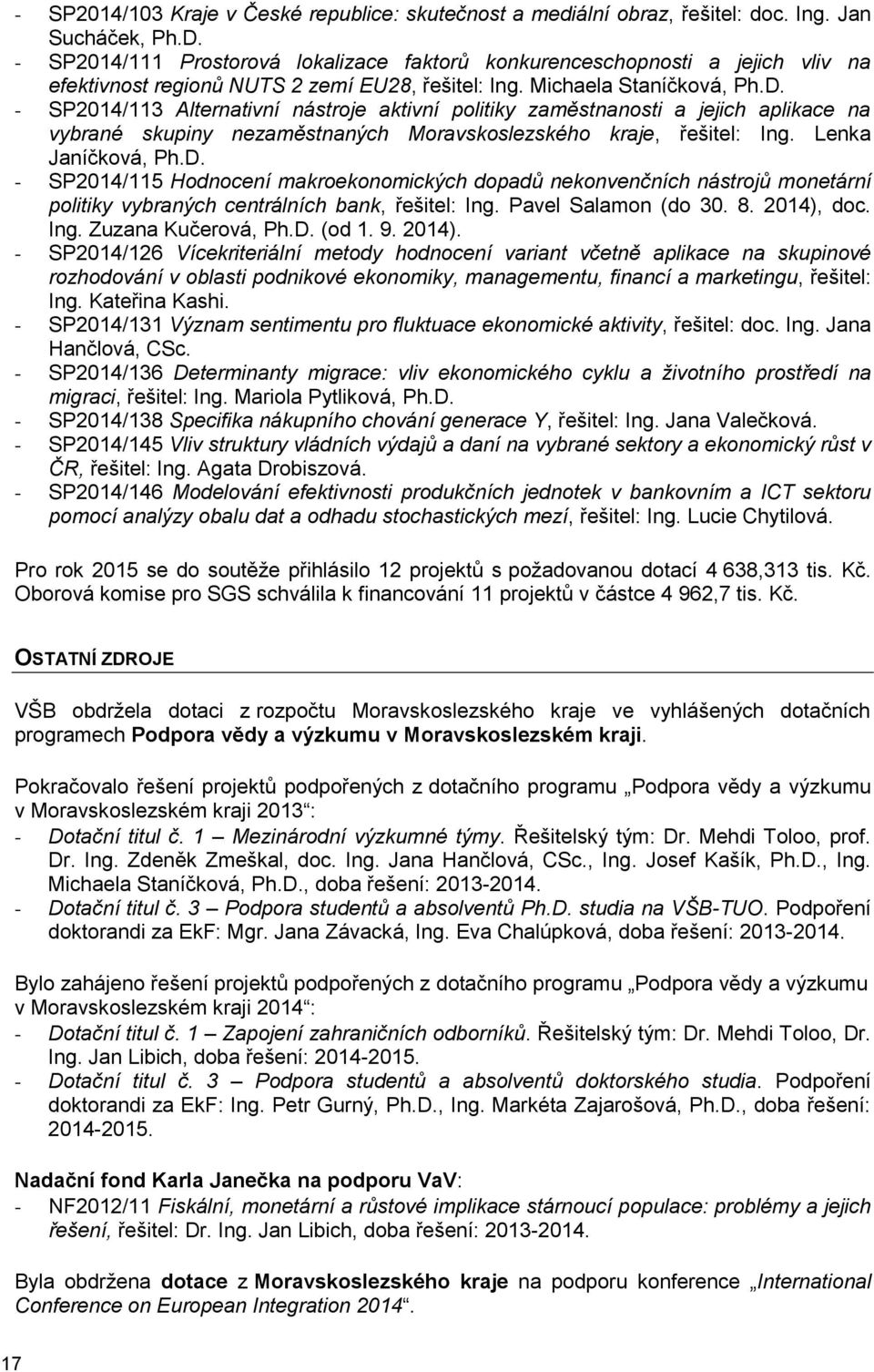 - SP2014/113 Alternativní nástroje aktivní politiky zaměstnanosti a jejich aplikace na vybrané skupiny nezaměstnaných Moravskoslezského kraje, řešitel: Ing. Lenka Janíčková, Ph.D.