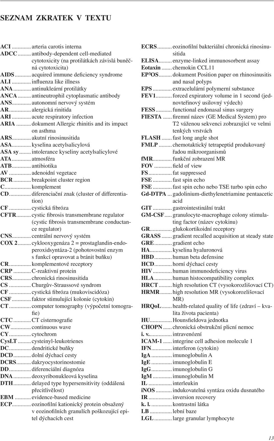 .. alergická rinitida ARI... acute respiratory infection ARIA... dokument Allergic rhinitis and its impact on asthma ARS... akutní rinosinusitida ASA... kyselina acetylsalicylová ASA sy.