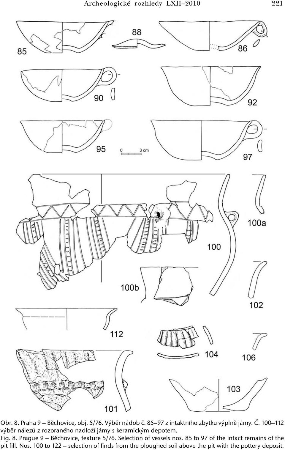 100 112 výběr nálezů z rozoraného nadloží jámy s keramickým depotem. Fig. 8.
