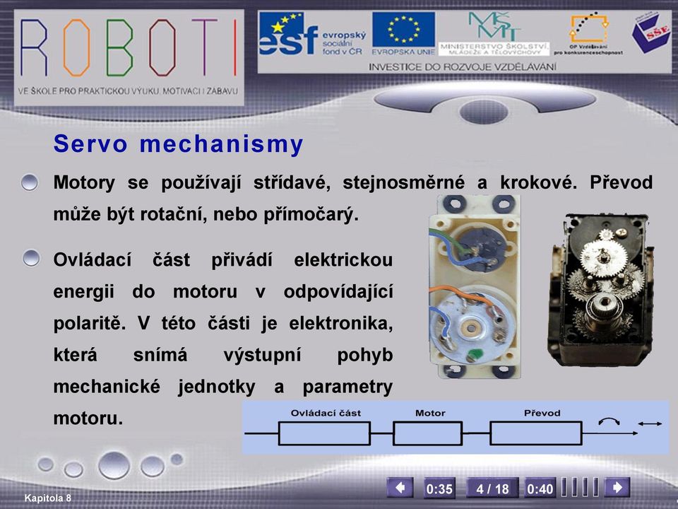 Ovládací část přivádí elektrickou energii do motoru v odpovídající