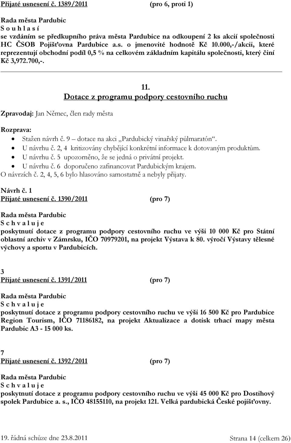 Dotace z programu podpory cestovního ruchu Rozprava: Stažen návrh č. 9 dotace na akci Pardubický vinařský půlmaratón. U návrhu č. 2, 4 kritizovány chybějící konkrétní informace k dotovaným produktům.