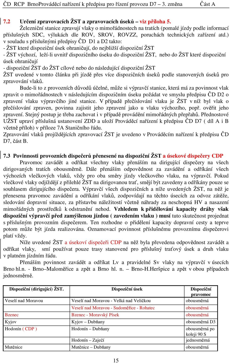 ) v souladu s příslušnými předpisy ČD D1 a D2 takto: - ŽST které dispoziční úsek ohraničují, do nejbližší dispoziční ŽST - ŽST výchozí, leží-li uvnitř dispozičního úseku do dispoziční ŽST, nebo do