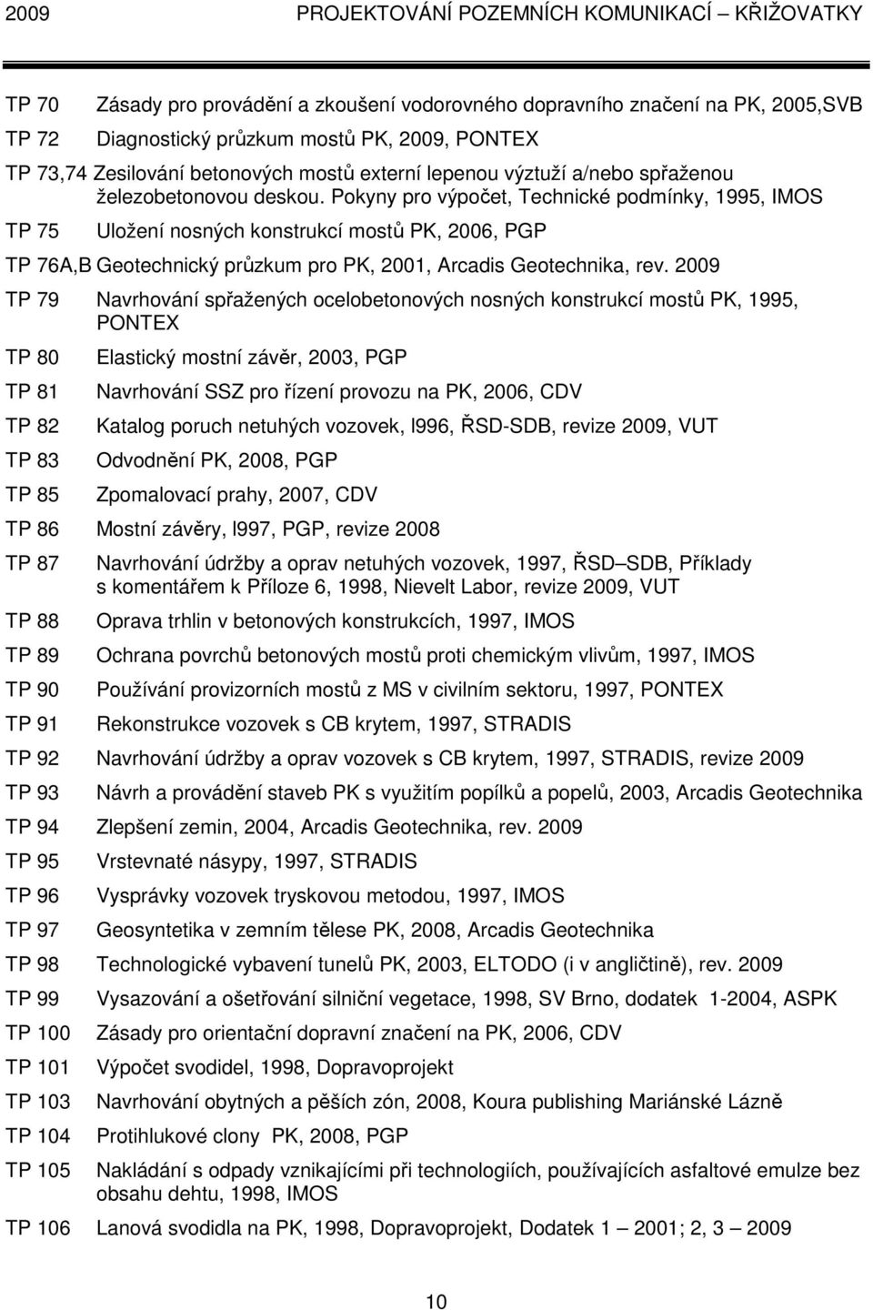 Pokyny pro výpočet, Technické podmínky, 1995, IMOS TP 75 Uložení nosných konstrukcí mostů PK, 2006, PGP TP 76A,B Geotechnický průzkum pro PK, 2001, Arcadis Geotechnika, rev.