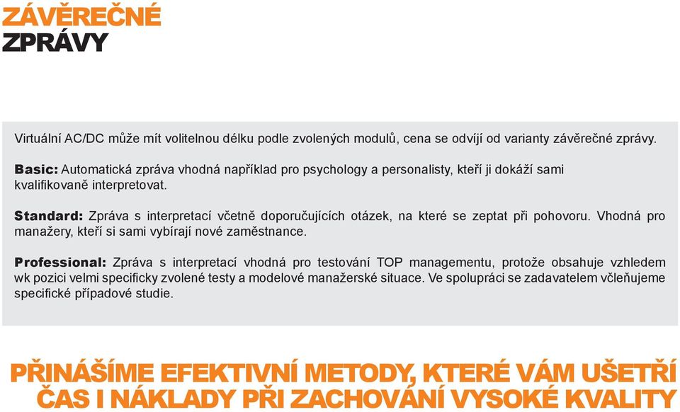 Standard: Zpráva s interpretací včetně doporučujících otázek, na které se zeptat při pohovoru. Vhodná pro manažery, kteří si sami vybírají nové zaměstnance.