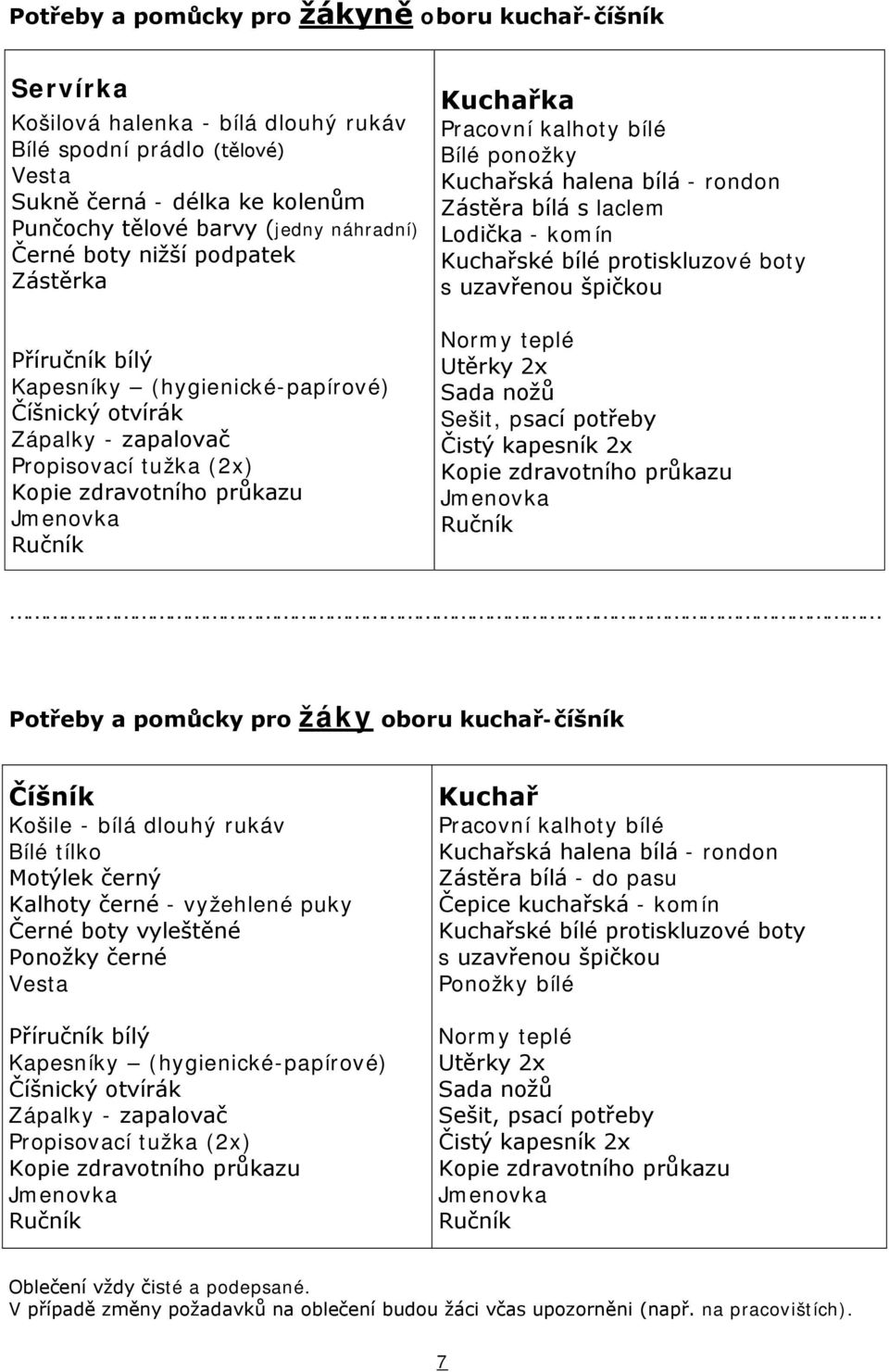 kalhoty bílé Bílé ponožky Kuchařská halena bílá rondon Zástěra bílá s laclem Lodička komín Kuchařské bílé protiskluzové boty s uzavřenou špičkou Normy teplé Utěrky 2x Sada nožů Sešit, psací potřeby