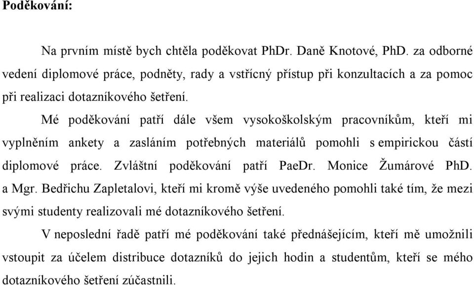 Mé poděkování patří dále všem vysokoškolským pracovníkům, kteří mi vyplněním ankety a zasláním potřebných materiálů pomohli s empirickou částí diplomové práce.