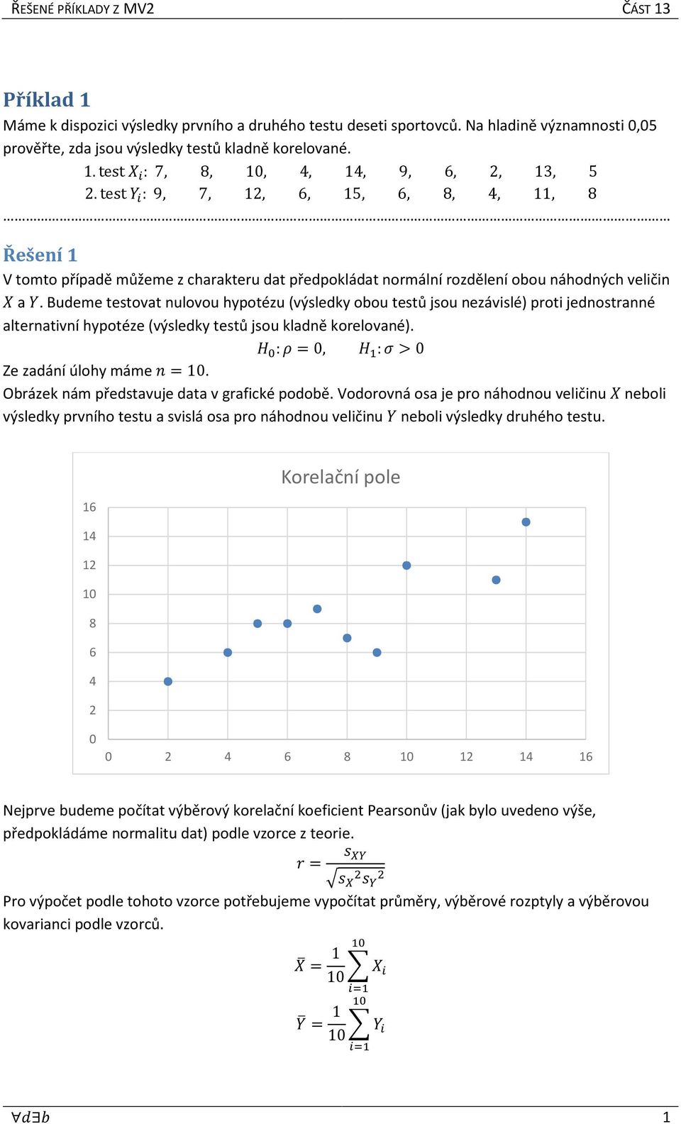 Budeme testovat nulovou hypotézu (výsledky obou testů jsou nezávislé proti jednostranné alternativní hypotéze (výsledky testů jsou kladně korelované. :=0, : >0 Ze zadání úlohy máme =10.