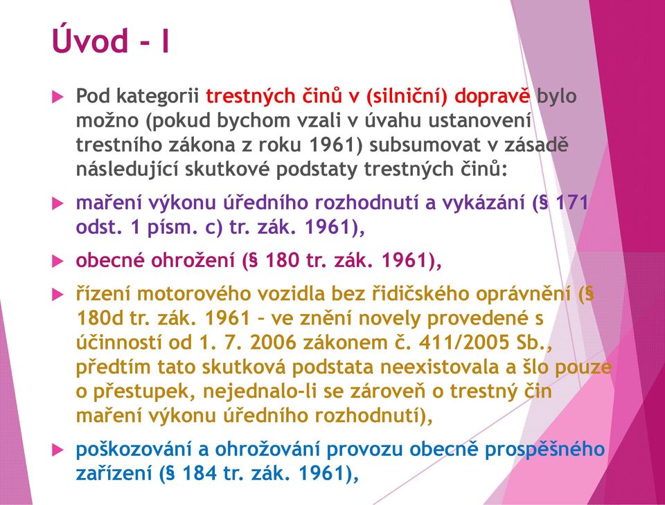 1961), obecné ohrožení ( 180 tr. zák. 1961), řízení motorového vozidla bez řidičského oprávnění ( 180d tr. zák. 1961 ve znění novely provedené s účinností od 1. 7.