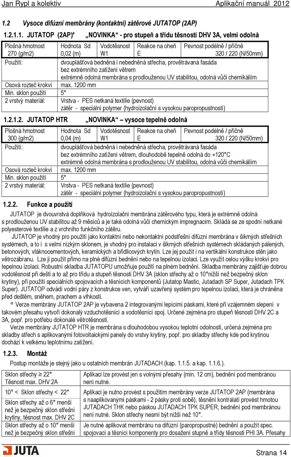 membrána s prodlouženou UV stabilitou, odolná vůči chemikáliím Osová rozteč krokví max. 1200 mm Min.