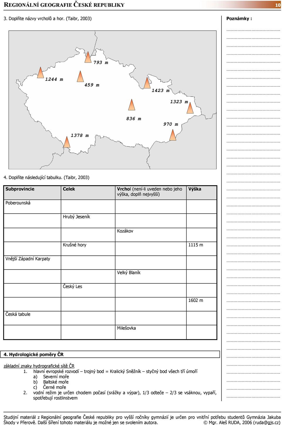 Hydrologické poměry ČR 1378 m Hrubý Jeseník Krušné hory Český Les 459 m 793 m Kozákov 836 m Velký Blaník Milešovka 1423 m 1323 m 970 m Výška 1115 m 1602 m základní znaky