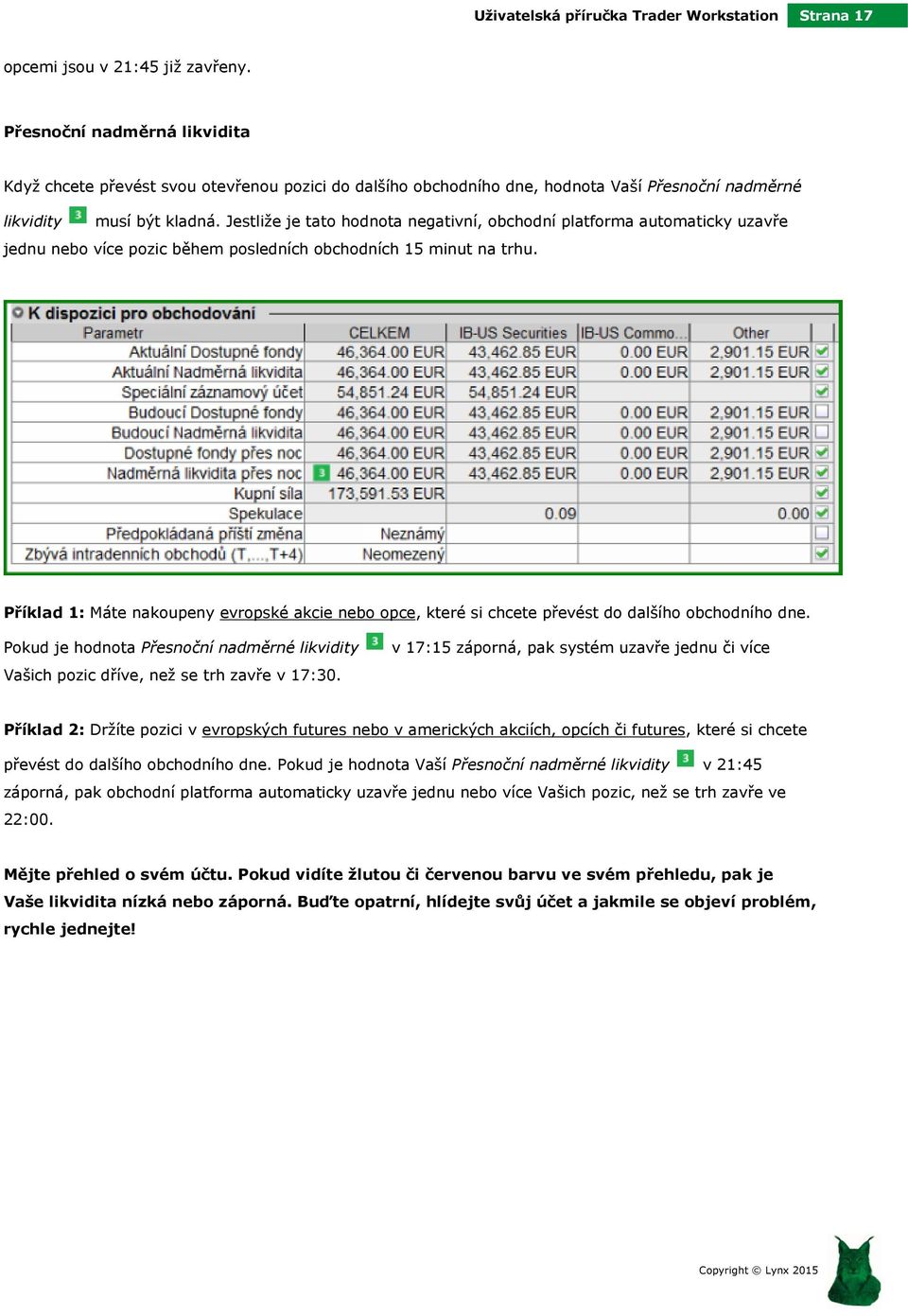 Příklad 1: Máte nakoupeny evropské akcie nebo opce, které si chcete převést do dalšího obchodního dne. Pokud je hodnota Přesnoční nadměrné likvidity Vašich pozic dříve, než se trh zavře v 17:30.