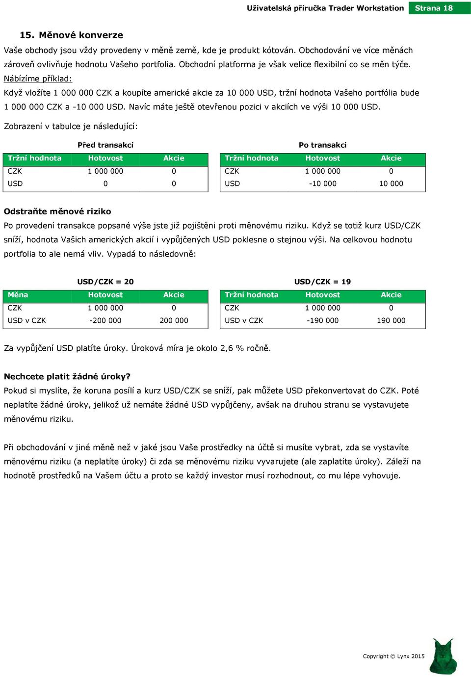 Nábízíme příklad: Když vložíte 1 000 000 CZK a koupíte americké akcie za 10 000 USD, tržní hodnota Vašeho portfólia bude 1 000 000 CZK a -10 000 USD.