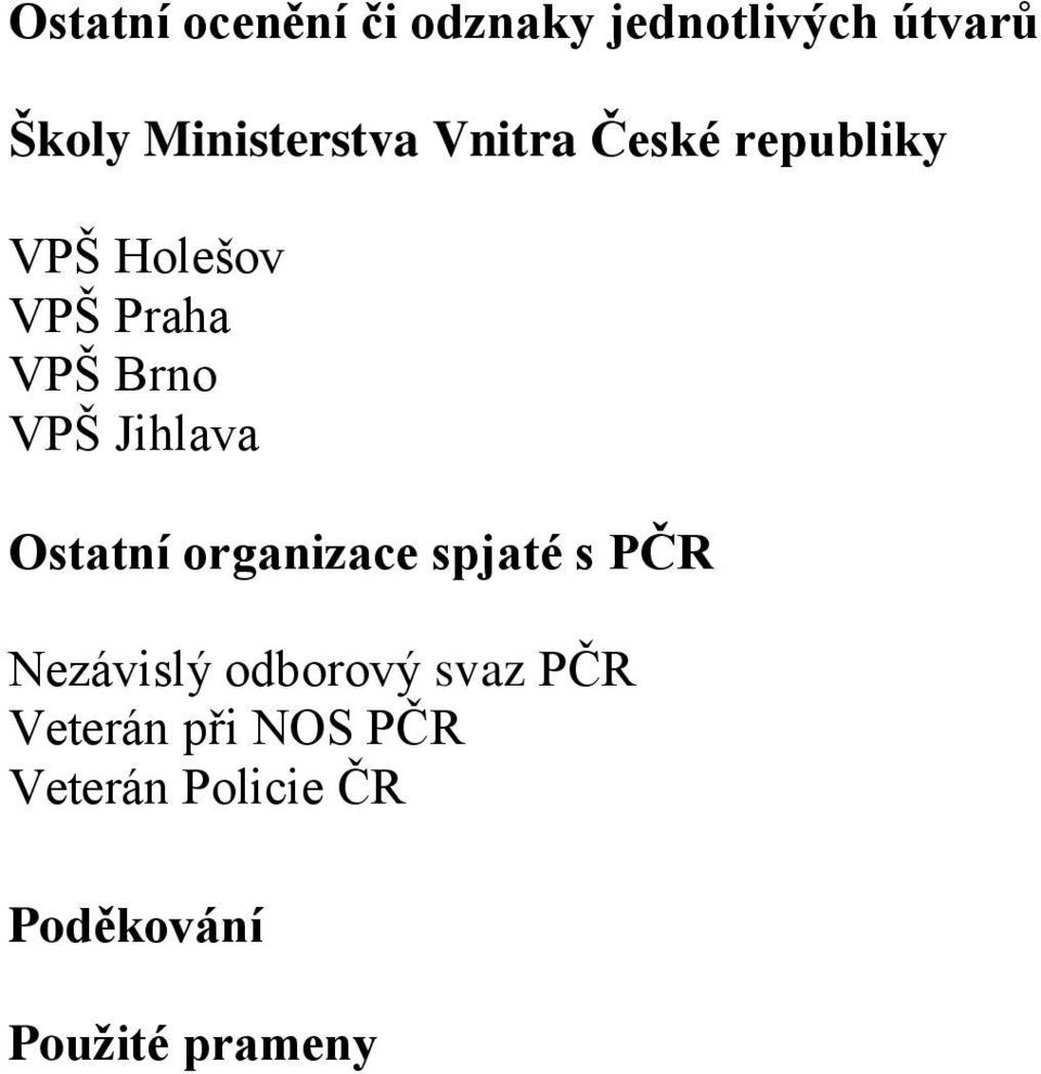 Brno VPŠ Jihlava Ostatní organizace spjaté s PČR Nezávislý