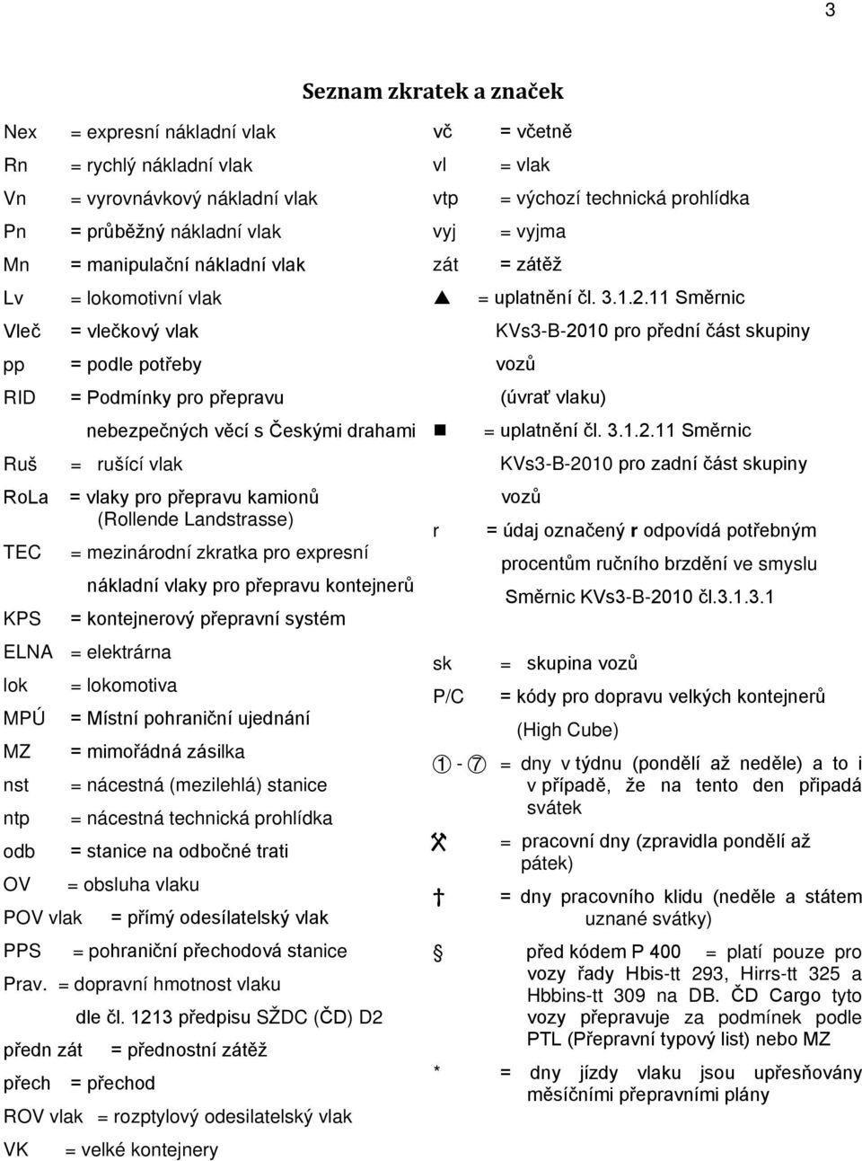 zkratka pro expresní nákladní vlaky pro přepravu kontejnerů = kontejnerový přepravní systém ELNA = elektrárna lok MPÚ MZ nst ntp odb = lokomotiva = Místní pohraniční ujednání = mimořádná zásilka =