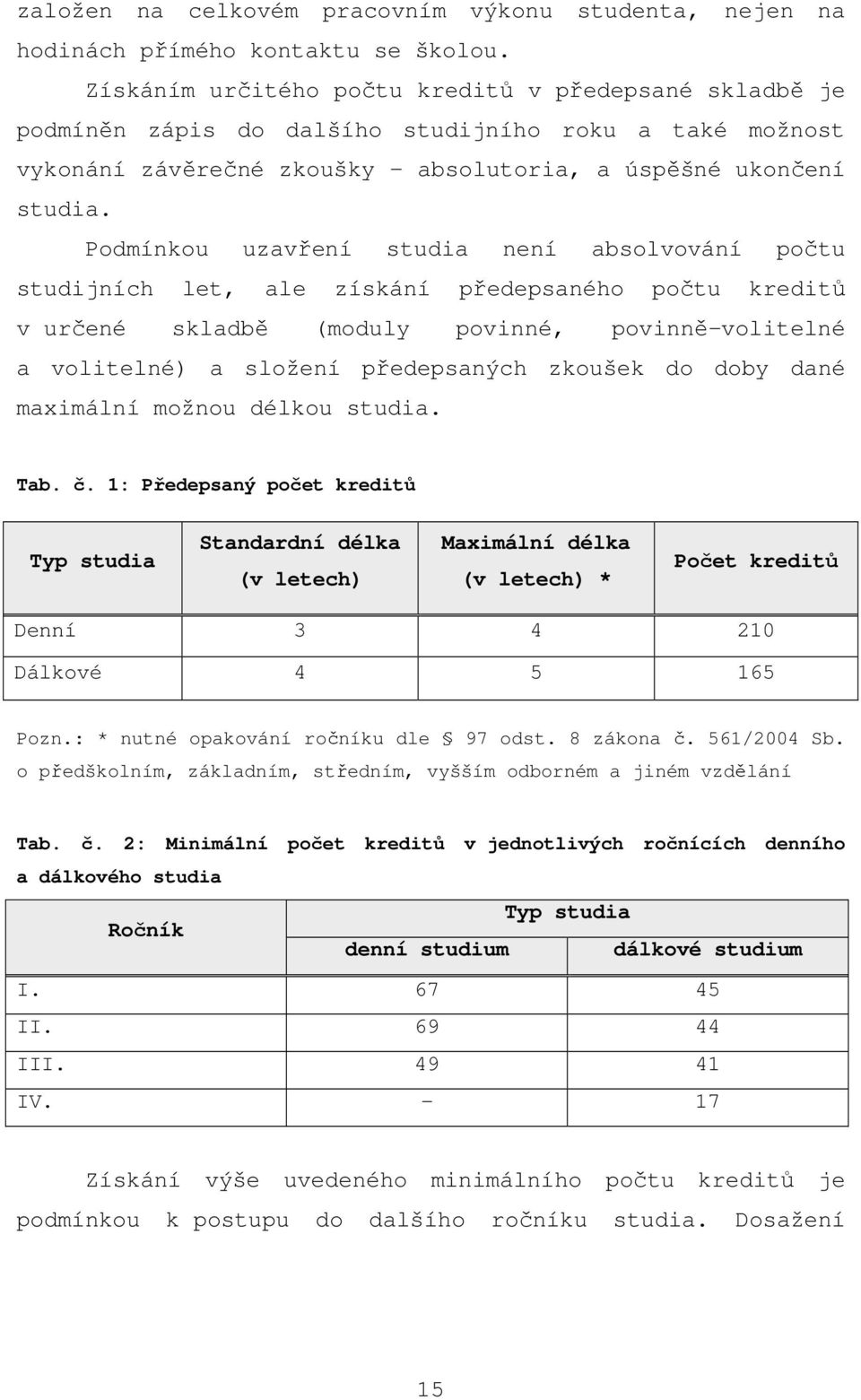 Podmínkou uzavření studia není absolvování počtu studijních let, ale získání předepsaného počtu kreditů v určené skladbě (moduly povinné, povinně-volitelné a volitelné) a složení předepsaných zkoušek