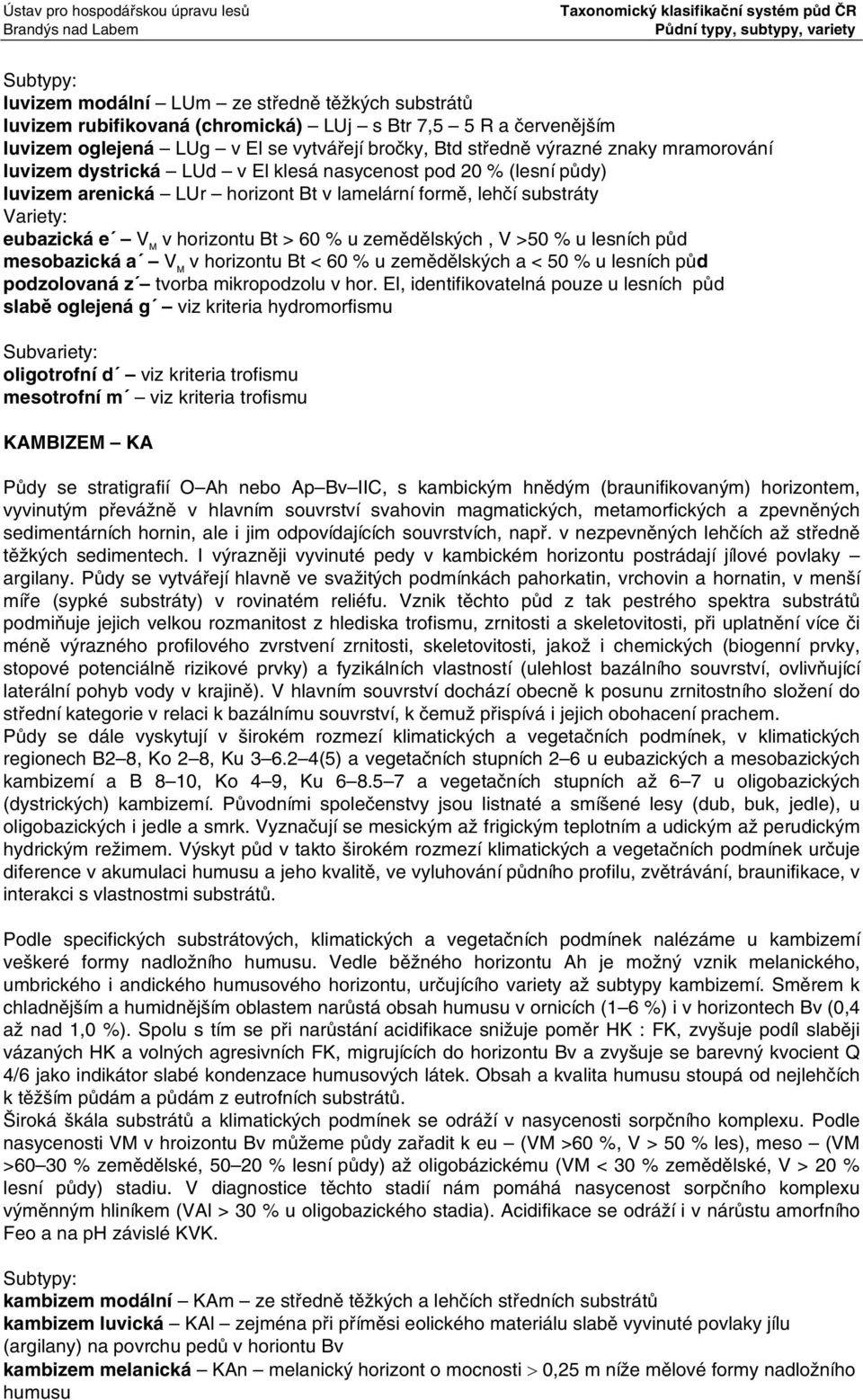 lesních půd mesobazická a V M v horizontu Bt < 60 % u zemědělských a < 50 % u lesních půd podzolovaná z tvorba mikropodzolu v hor.