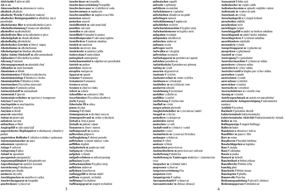 alkoholisches Getränk n lihový nápoj Alkoholismus m alkoholismus Alkoholspeigel m hladina alkoholu Alpha-Amino-Stickstoff m alfa-aminodusík Alphasäure f alfa-hořká kyselina Alterung f stárnutí