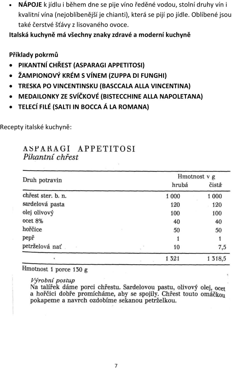 Italská kuchynë má všechny znaky zdravé a moderní kuchynë Příklady pokrmů PIKANTNÍ CHŘEST (ASPARAGI APPETITOSI) ŽAMPIONOVÝ KRÉM S