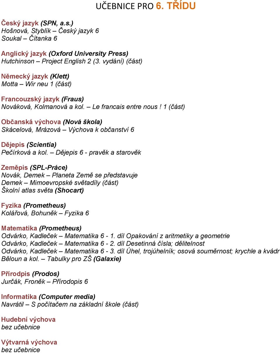 Dějepis 6 - pravěk a starověk Novák, Demek Planeta Země se představuje Fyzika (Prometheus) Kolářová, Bohuněk Fyzika 6 Odvárko, Kadleček Matematika 6-1.