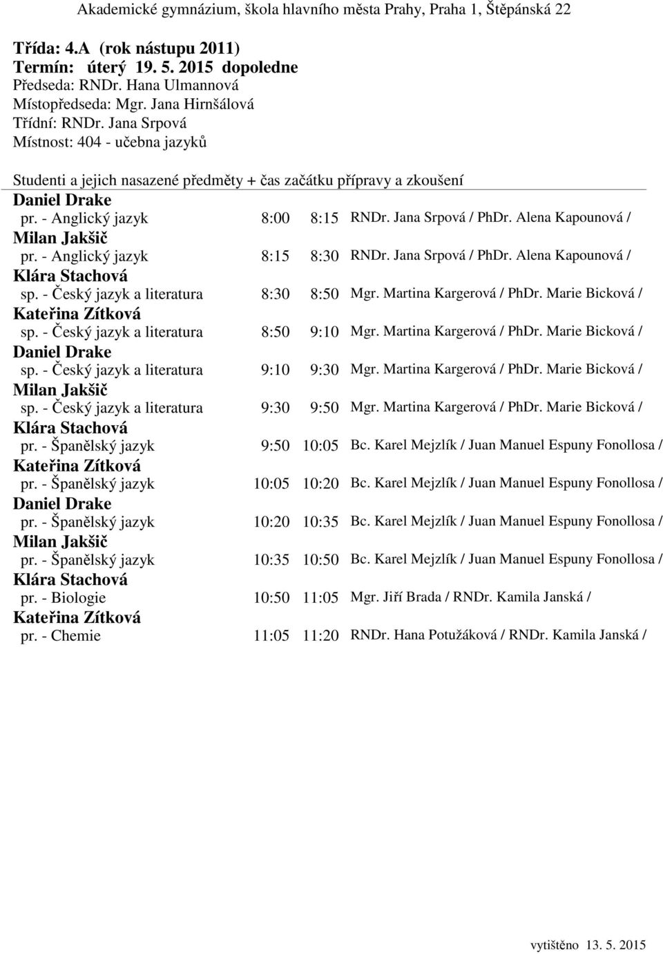 - Český jazyk a literatura 8:30 8:50 Mgr. Martina Kargerová / PhDr. Marie Bicková / Kateřina Zítková sp. - Český jazyk a literatura 8:50 9:10 Mgr. Martina Kargerová / PhDr. Marie Bicková / Daniel Drake sp.