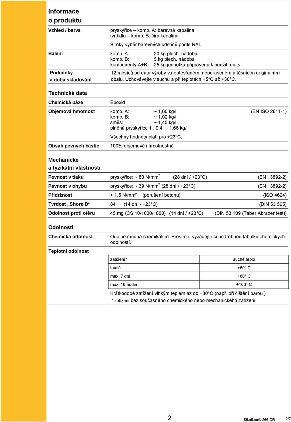 neotevřeném, neporušeném a těsnicím originálním obalu. Uchovávejte v suchu a při teplotách +5 C až +30 C. Epoxid Objemová hmotnost komp. A: ~ 1,60 kg/l (EN ISO 2811-1) komp.