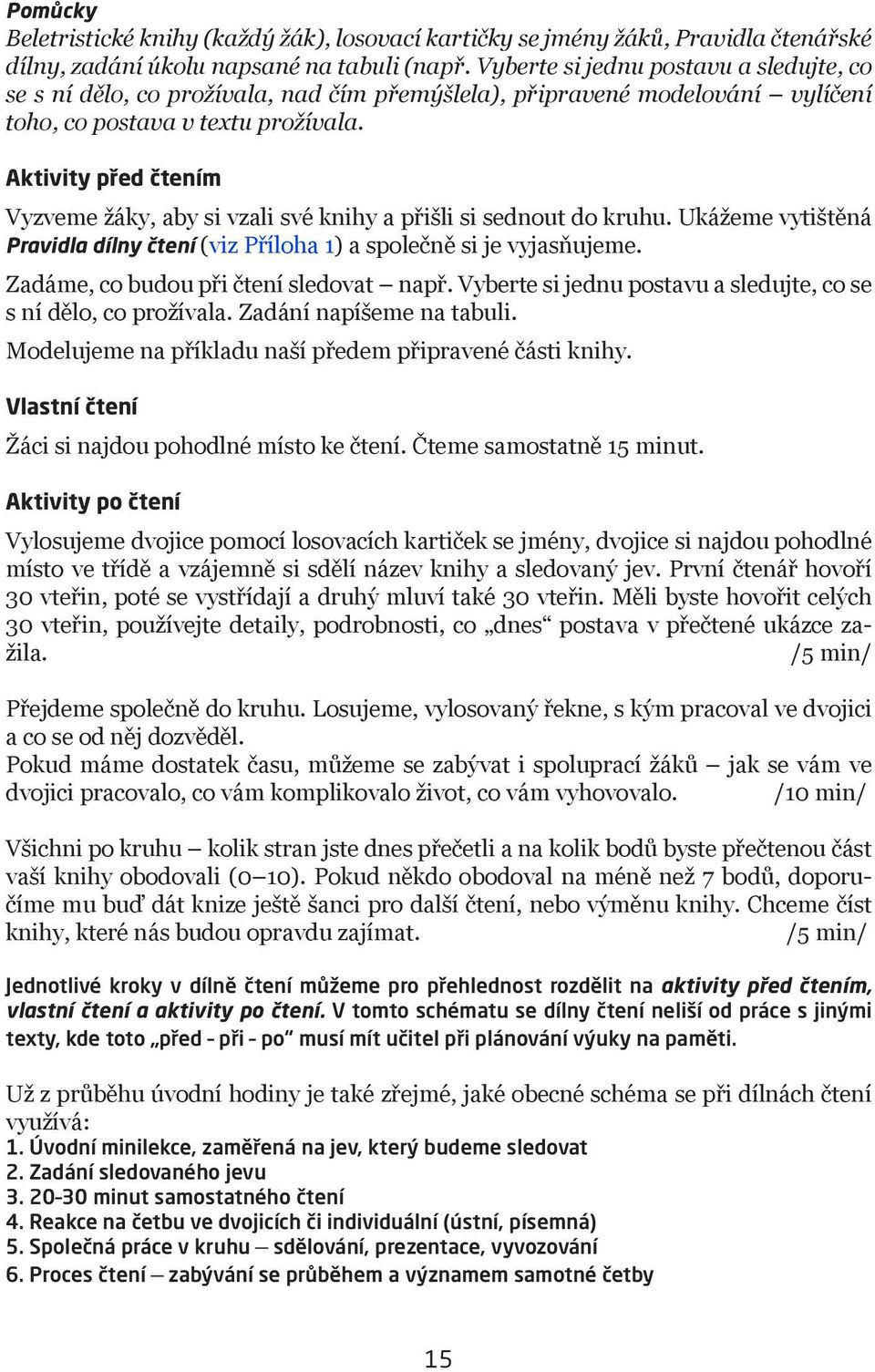 Aktivity před čtením Vyzveme žáky, aby si vzali své knihy a přišli si sednout do kruhu. Ukážeme vytištěná Pravidla dílny čtení (viz Příloha 1) a společně si je vyjasňujeme.