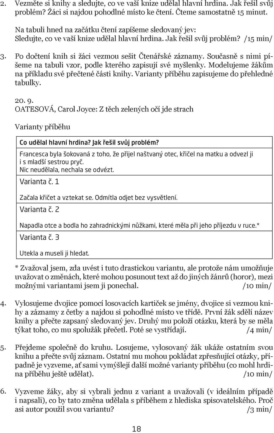 Současně s nimi píšeme na tabuli vzor, podle kterého zapisují své myšlenky. Modelujeme žákům na příkladu své přečtené části knihy. Varianty příběhu zapisujeme do přehledné tabulky. 20. 9.