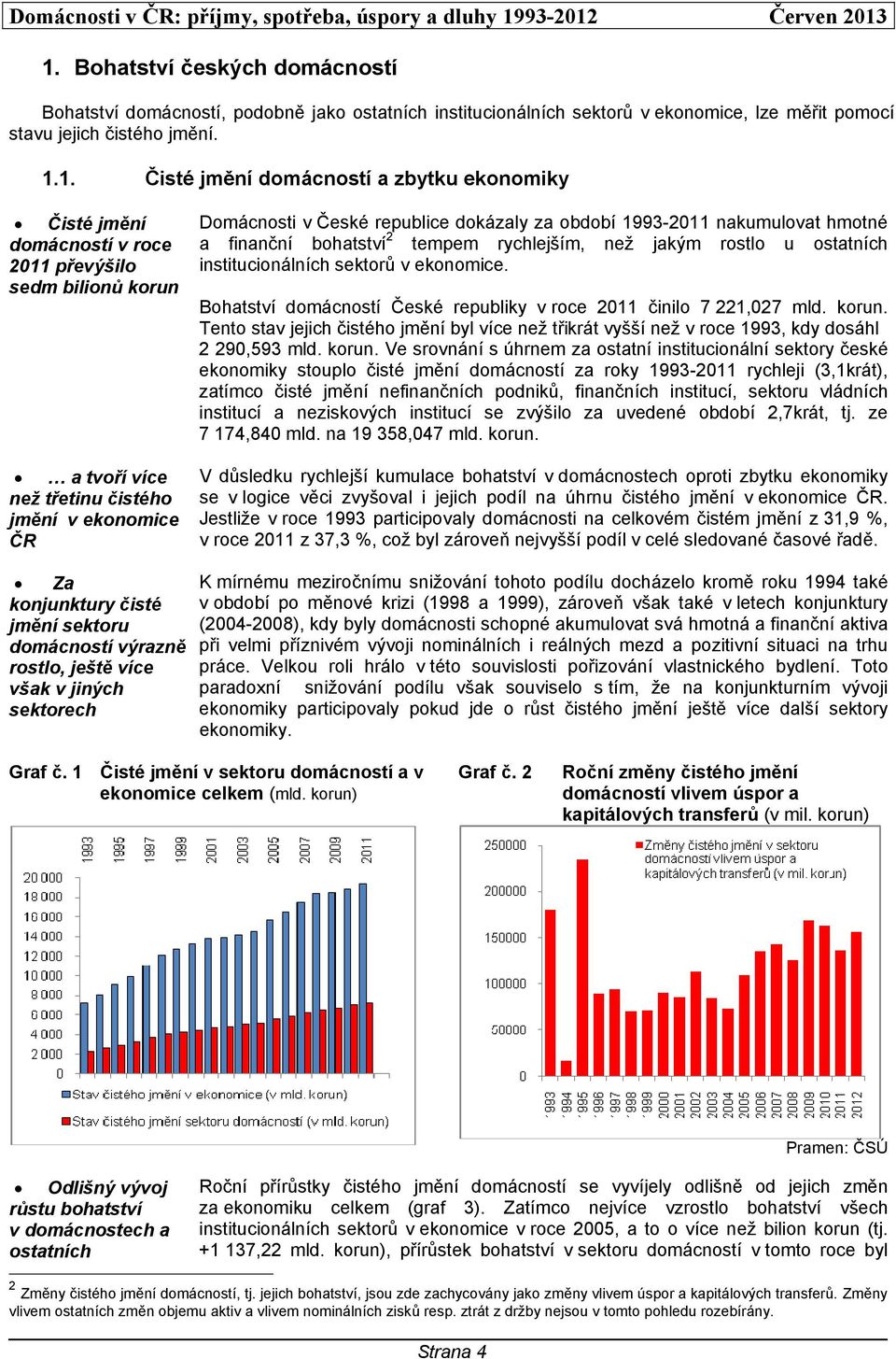 hmotné a finanční bohatství 2 tempem rychlejším, než jakým rostlo u ostatních institucionálních sektorů v ekonomice. Bohatství domácností České republiky v roce 2011 činilo 7 221,027 mld. korun.