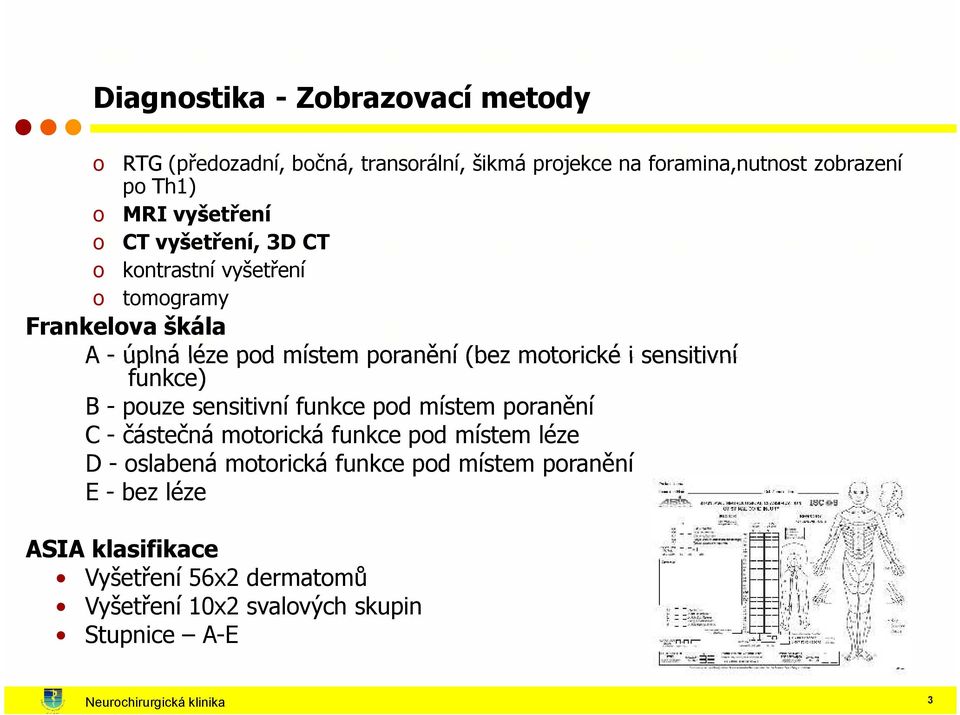 sensitivní funkce) B - pouze sensitivní funkce pod místem poranění C - částečná motorická funkce pod místem léze D - oslabená motorická