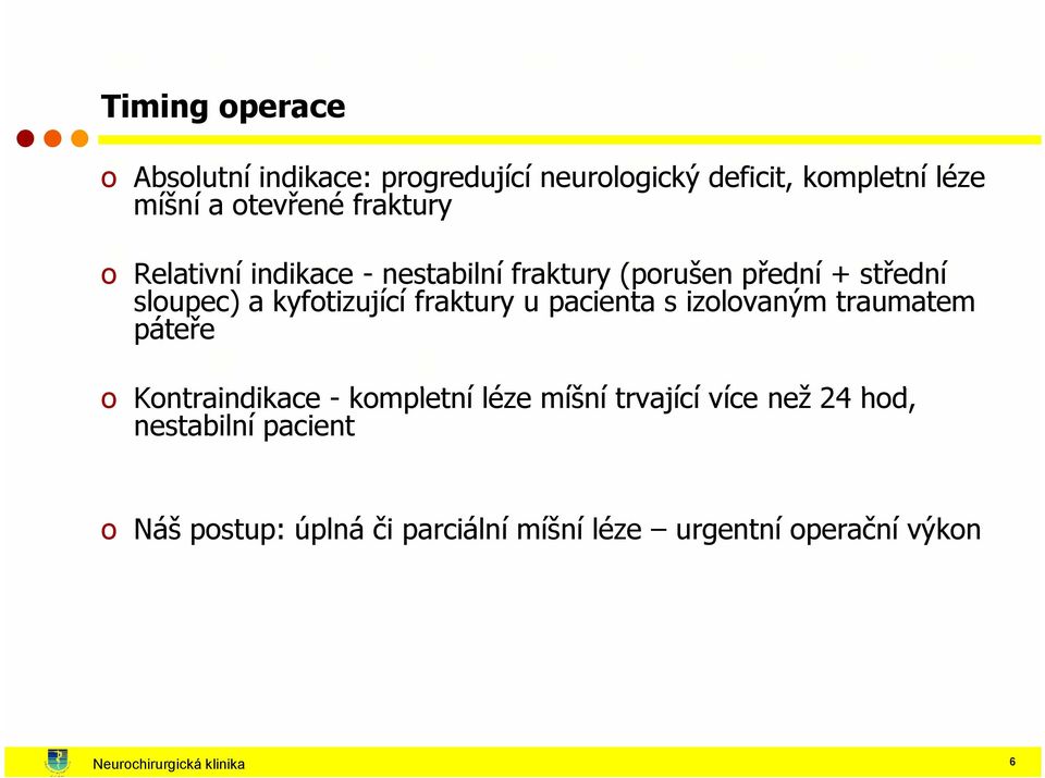 fraktury u pacienta s izolovaným traumatem páteře o Kontraindikace - kompletní léze míšní trvající více než