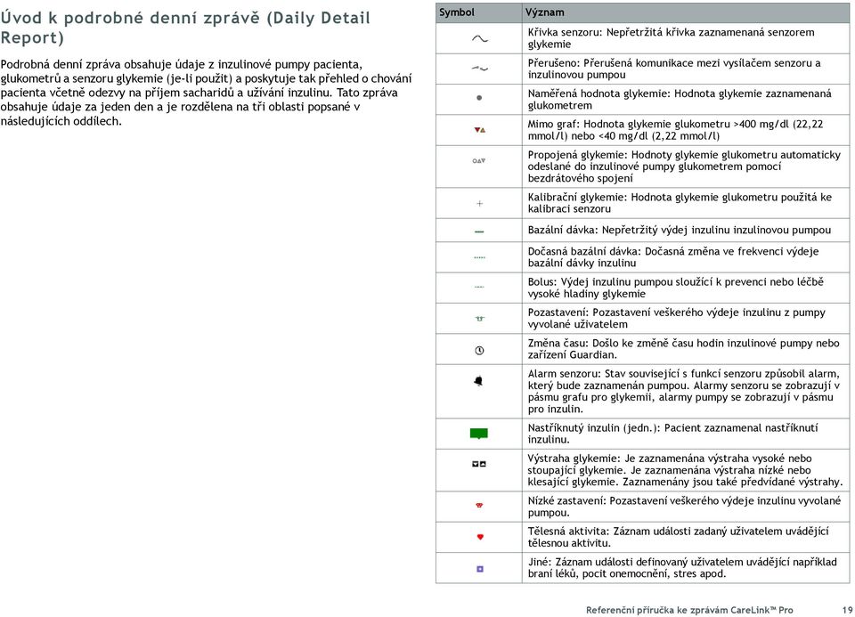 Symbol Význam Křivka senzoru: Nepřetržitá křivka zaznamenaná senzorem glykemie Přerušeno: Přerušená komunikace mezi vysílačem senzoru a inzulinovou pumpou Naměřená hodnota glykemie: Hodnota glykemie