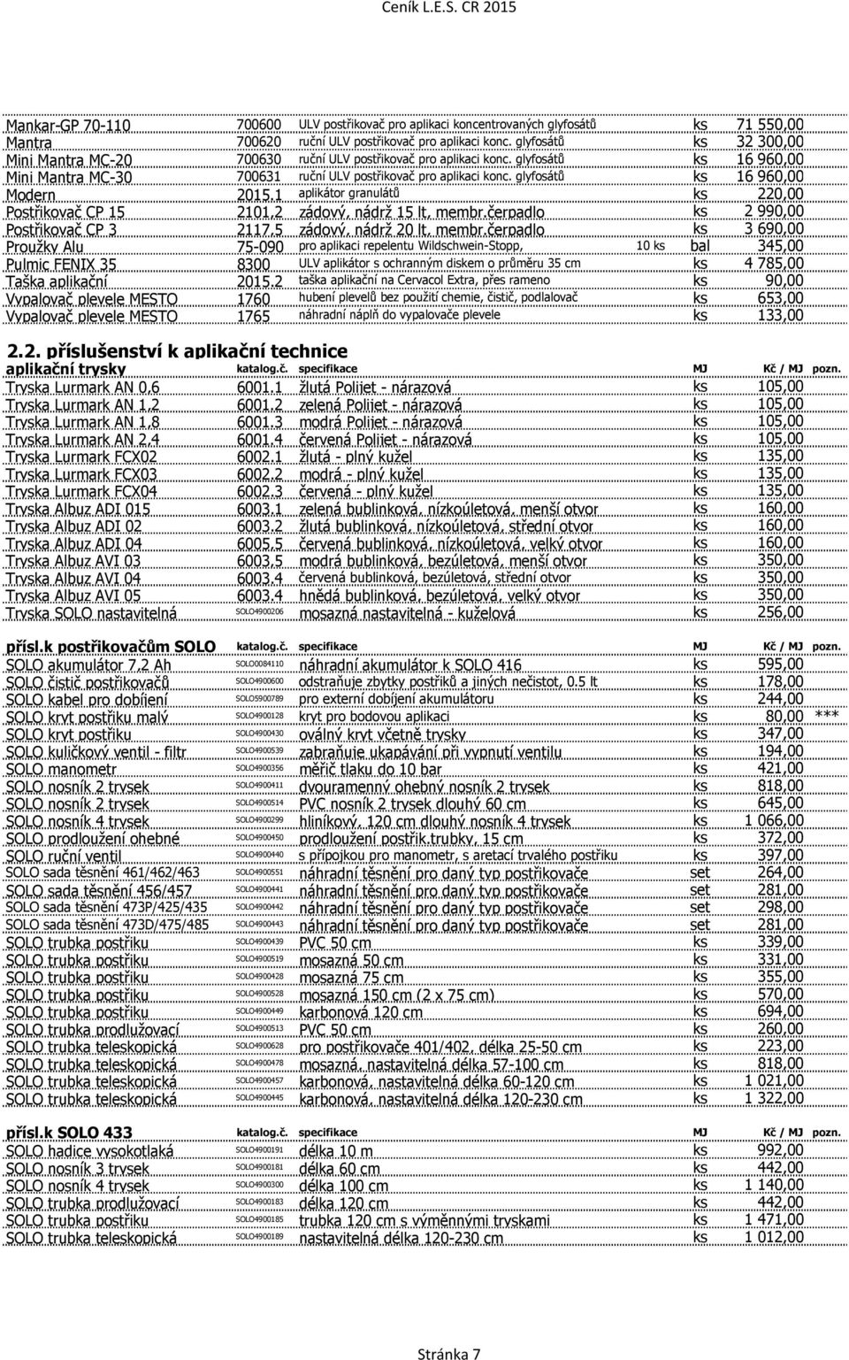 glyfosátů ks 16 960,00 Modern 2015.1 aplikátor granulátů ks 220,00 Postřikovač CP 15 2101,2 zádový, nádrž 15 lt, membr.čerpadlo ks 2 990,00 Postřikovač CP 3 2117,5 zádový, nádrž 20 lt, membr.