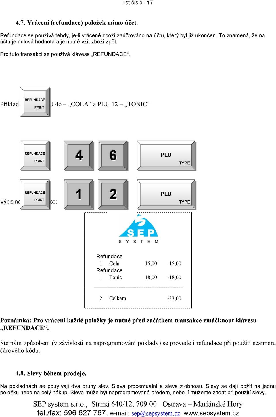 4 6 PLU TYPE. REFUNDACE PRINT. Výpis na šekové pásce: PLU 1 2 TYPE.