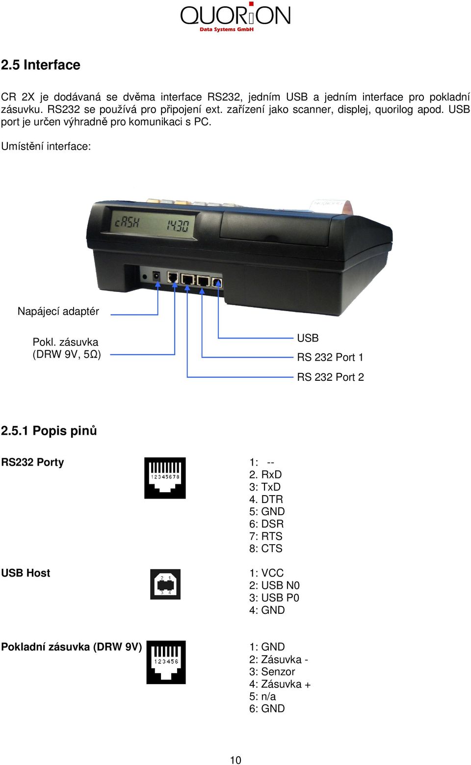Umístění interface: Napájecí adaptér Pokl. zásuvka (DRW 9V, 5Ω) USB RS 232 Port 1 RS 232 Port 2 2.5.1 Popis pinů RS232 Porty 1: -- 2.
