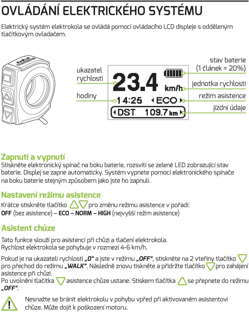 zobrazující stav baterie. Displej se zapne automaticky. Systém vypnete pomocí elektronického spínače na boku baterie stejným způsobem jako jste ho zapnuli.