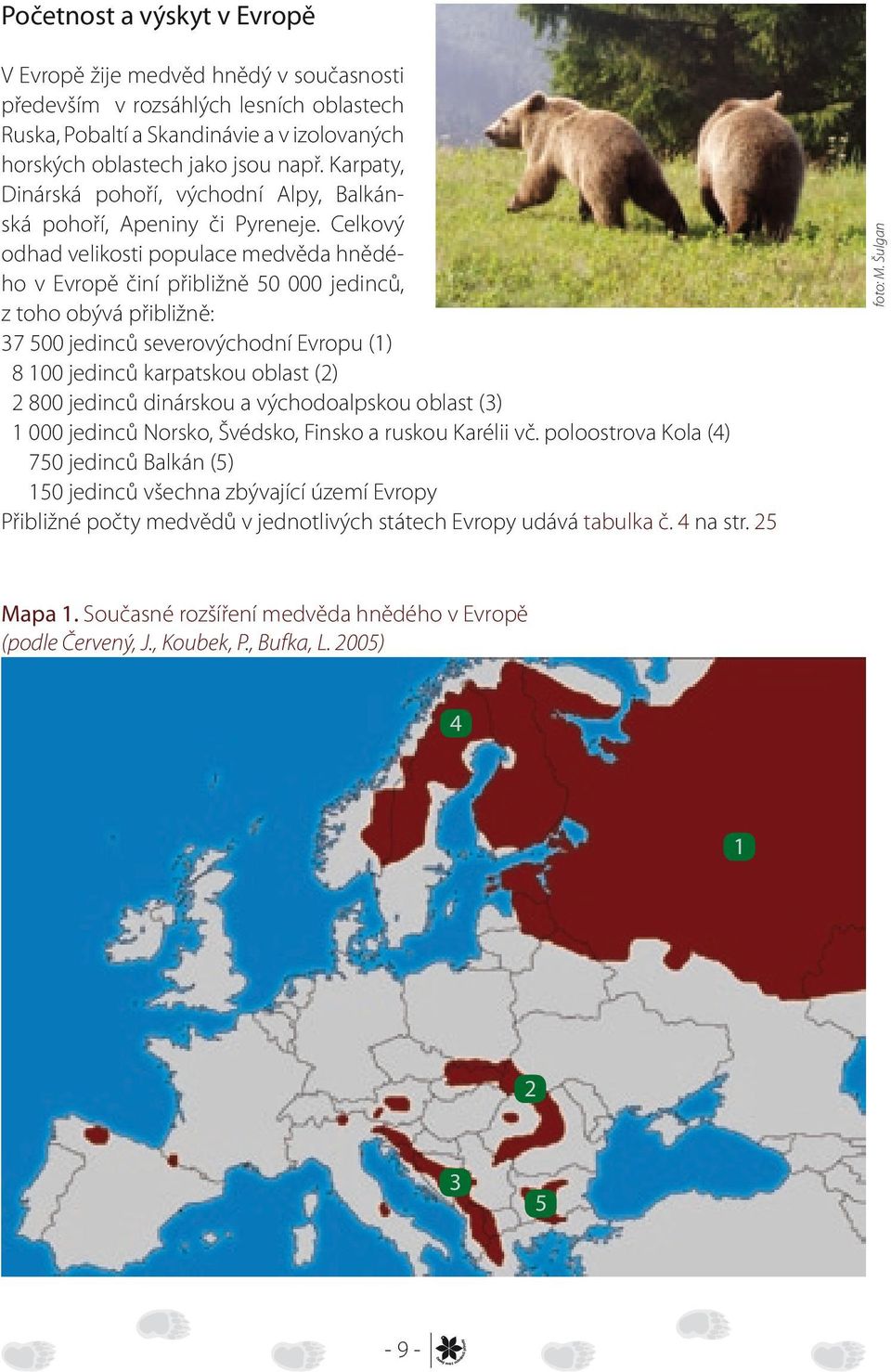 Celkový odhad velikosti populace medvěda hnědého v Evropě činí přibližně 50 000 jedinců, z toho obývá přibližně: 37 500 jedinců severovýchodní Evropu (1) 8 100 jedinců karpatskou oblast (2) 2 800