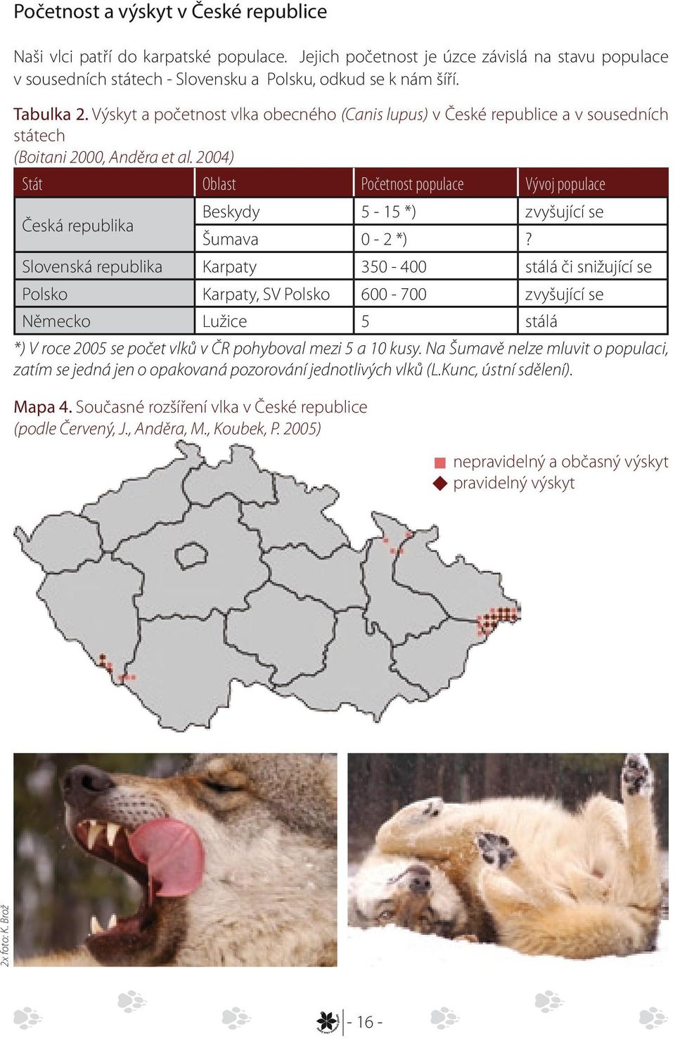 2004) Stát Oblast Početnost populace Vývoj populace Česká republika Beskydy 5-15 *) zvyšující se Šumava 0-2 *)?