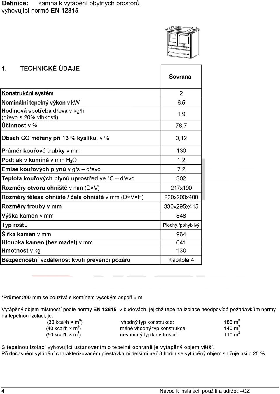 Průměr kouřové trubky v mm 130 Podtlak v komíně v mm H 2 O 1,2 Emise kouřových plynů v g/s dřevo 7,2 Teplota kouřových plynů uprostřed ve C dřevo 302 Rozměry otvoru ohniště v mm (D V) Rozměry tělesa