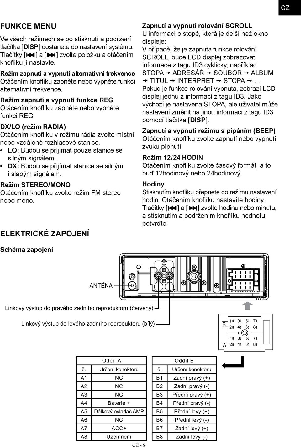 Režim zapnutí a vypnutí funkce REG Otáčením knoflíku zapněte nebo vypněte funkci REG. DX/LO (režim RÁDIA) Otáčením knoflíku v režimu rádia zvolte místní nebo vzdálené rozhlasové stanice.