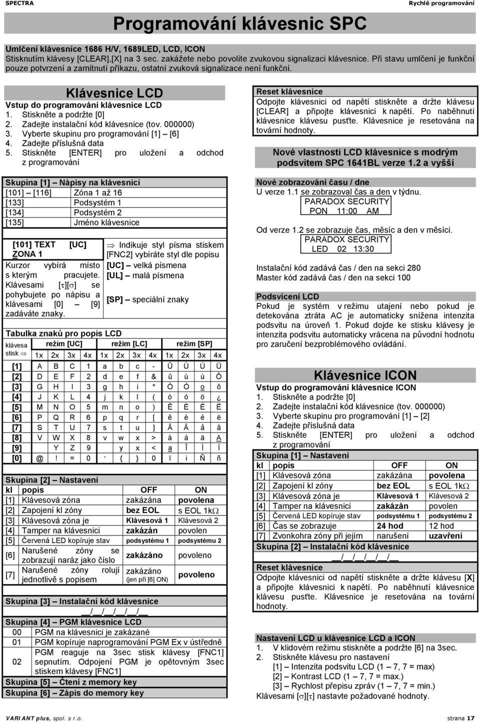 Zadejte instalační kód klávesnice (tov. 000000) 3. Vyberte skupinu pro programování [1] [6] 4. Zadejte příslušná data 5.