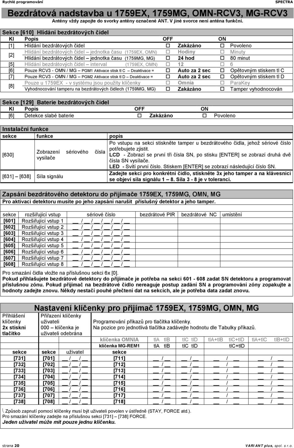 čidel jednotka času (1759MG, MG) 24 hod 80 minut [5] Hlídání bezdrátových čidel interval (1759EX, OMN) 12 6 [6] Pouze RCV3 - OMN / MG PGM1 Aktivace stisk tl C Deaktivace = Auto za 2 sec Opětovným