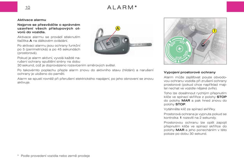 Pokud je alarm aktivní, vyvolá každé narušení ochrany spuštìní sirény na dobu 30 sekund, což je doprovázeno rozsvícením smìrových svìtel.