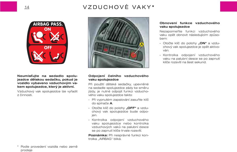 Neumis ujte na sedadlo spolujezdce dìtskou sedaèku, pokud je vozidlo vybaveno vzduchovým vakem spolujezdce, který je aktivní. Vzduchový vak spolujezdce lze vyøadit z èinnosti.