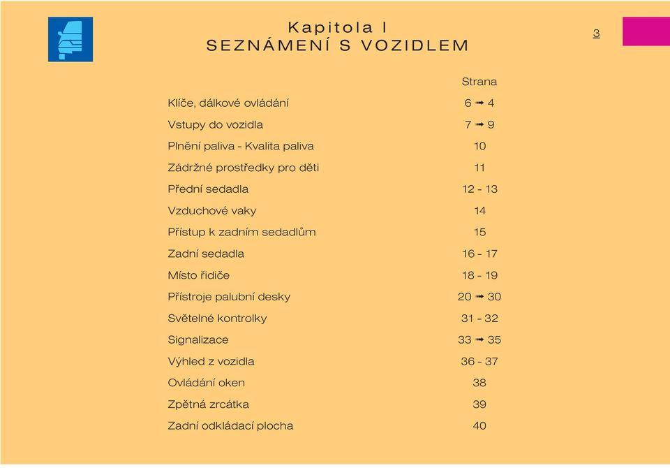 zadním sedadlùm 15 Zadní sedadla 16-17 Místo øidièe 18-19 Pøístroje palubní desky 20 30 Svìtelné