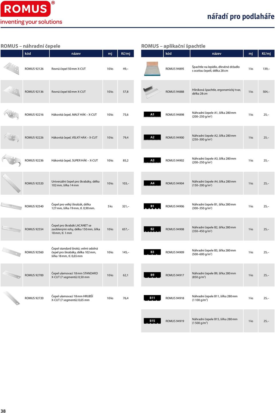 g/m 2 ) 25, ROMUS 92226 Hákovitá čepel, VELKÝ HÁK X-CUT 10 ks 79,4 A2 ROMUS 94900 Náhradní čepele A2, šířka 280 mm (250 300 g/m 2 ) 25, ROMUS 92236 Hákovitá čepel, SUPER HÁK X-CUT 10 ks 85,2 A3 ROMUS