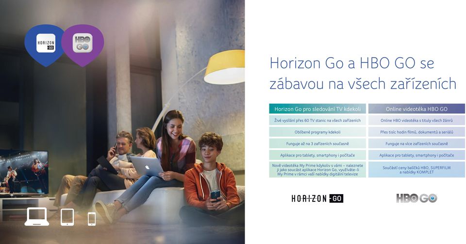 aplikace Horizon Go, využíváte-li My Prime v rámci vaší nabídky digitální televize Online videotéka HBO GO Online HBO videotéka s tituly všech žánrů Přes tisíc